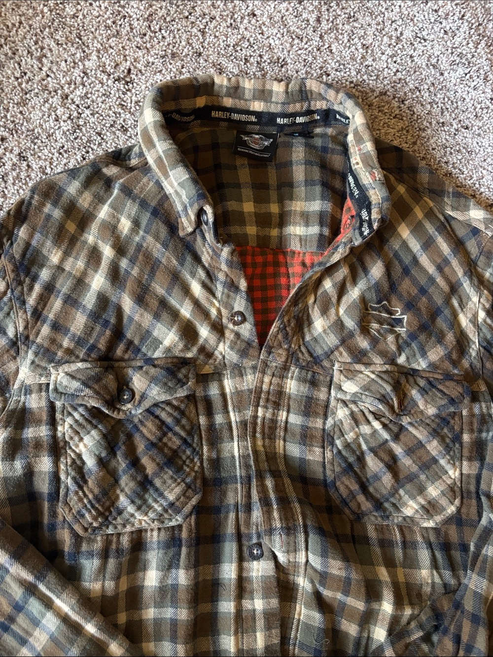 Harley-Davidson Olive & Navy Plaid Shirt Jacket with Orange Lining